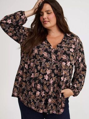Torrid Black Floral V-Neck Blouse with Pink & Brown Flowers